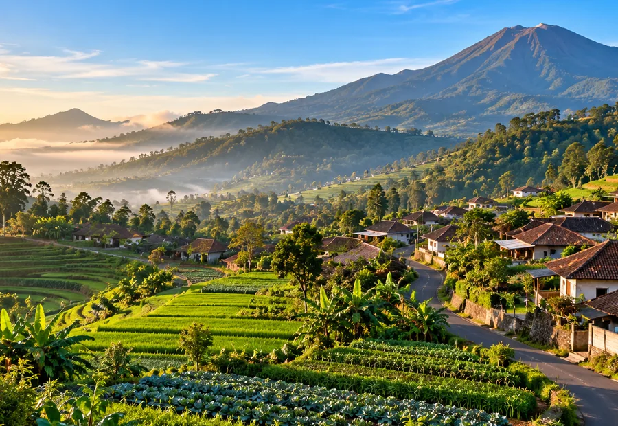 Ilustrasi panorama pedesaan di daerah pegunungan